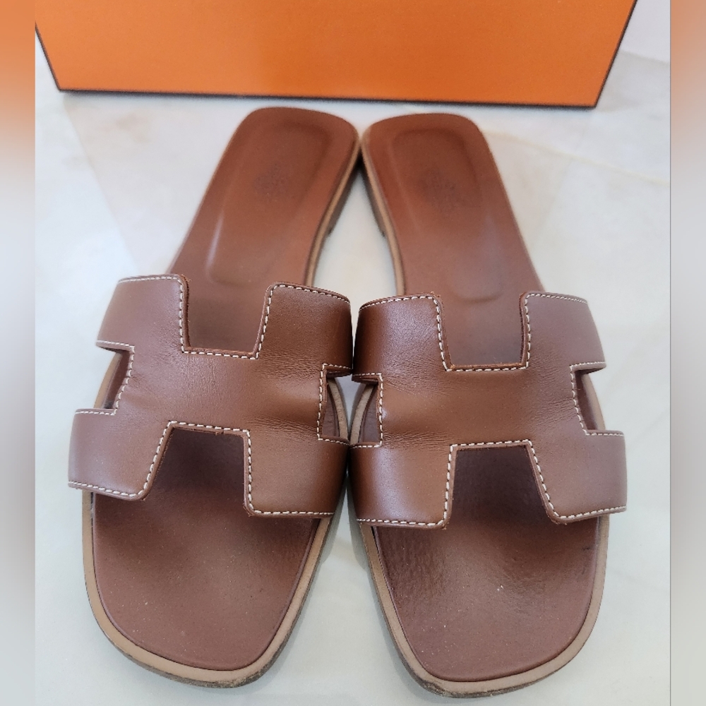 Brown Olympe Leather Slide Sandals - Picture 2 of 14